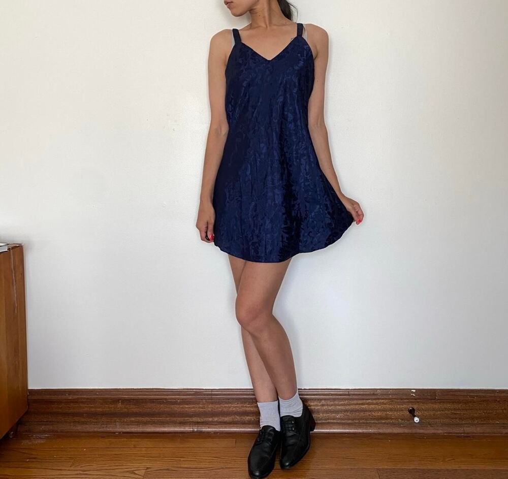 Vintage Navy Blue Floral Slip Dress Women's Medium